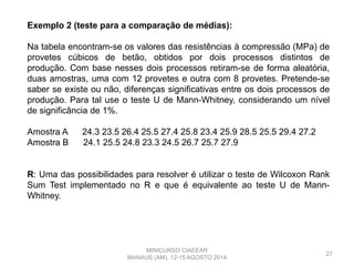 27
Exemplo 2 (teste para a comparação de médias):
Na tabela encontram-se os valores das resistências à compressão (MPa) de
provetes cúbicos de betão, obtidos por dois processos distintos de
produção. Com base nesses dois processos retiram-se de forma aleatória,
duas amostras, uma com 12 provetes e outra com 8 provetes. Pretende-se
saber se existe ou não, diferenças significativas entre os dois processos de
produção. Para tal use o teste U de Mann-Whitney, considerando um nível
de significância de 1%.
Amostra A 24.3 23.5 26.4 25.5 27.4 25.8 23.4 25.9 28.5 25.5 29.4 27.2
Amostra B 24.1 25.5 24.8 23.3 24.5 26.7 25.7 27.9
R: Uma das possibilidades para resolver é utilizar o teste de Wilcoxon Rank
Sum Test implementado no R e que é equivalente ao teste U de Mann-
Whitney.
MINICURSO CIAEEAR
MANAUS (AM), 12-15 AGOSTO 2014
 