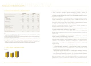 análise financeira
análise financeira

 1. Resumo Econômico-Financeiro(1)                                                                                                                                  A PETROBRAS, suas Subsidiárias e Controladas apresentaram um lucro líquido consolidado de R$ 23.725 milhões
                                                                                                                                                                    no exercício de 2005, após a eliminação das operações intercompanhias e a dedução da participação dos
                                                                                  CONSOLIDADO(6)                                 PETROBRAS
                                                                                   2005                   2004                   2005                   2004
                                                                                                                                                                    acionistas minoritários, sendo superior 40% em relação ao exercício de 2004 (R$ 16.887 milhões).
     Receita Operacional Bruta (R$ milhões)                                    179.065                150.440                143.666                120.025           Os principais fatores que contribuíram para a formação do lucro líquido consolidado no exercício de 2005 em
     Receita Operacional Líquida (R$ milhões)                                  136.605                111.128                105.823                  85.575
                                                                                                                                                                    relação ao exercício de 2004 foram:
     Resultados:
         Atividades Próprias                                                    24.551                  17.065                 22.161                 16.438             Aumento do lucro bruto em R$ 13.438 milhões, em função do comportamento dos preços de petróleo e
         Subsidiárias/Coligadas                                                   (250)                  (145)                  1.782                  1.350
                                                                                                                                                                      derivados nos mercados interno e externo, do aumento da produção de petróleo e LGN no país (13%), do
                                                                                24.301                  16.920                 23.943                 17.788
                                                                                                                                                                      acréscimo da produção (2%) e da qualidade dos derivados.
     Itens extraordinários   (2)
                                                                                  (576)                   (33)                  (493)                    (34)
                                                                                                                                                                         Aumento nas Despesas com Vendas (R$ 725 milhões), para atender ao volume comercializado e o aumento
     Lucro Líquido (R$ milhões)                                                 23.725                  16.887                 23.450                 17.754
                                                                                                                                                                      do custo dos fretes marítimos, tendo em vista o crescimento das exportações.
     Endividamento Líquido (R$ milhões)                 (3)
                                                                                24.825                  35.816                    –   (5)
                                                                                                                                                       1.217             Aumento nas Despesas Gerais e Administrativas (R$ 1.287 milhões), em virtude dos maiores gastos com
     EBITDA (R$ milhões)       (4)
                                                                                 47.808                 36.798                 36.518                 28.554          pessoal, com manutenção de redes e com licenças de software.
     Endividamento Líquido/EBITDA             (3) (4)
                                                                                   0,52                   0,97                    –   (5)
                                                                                                                                                         0,04
                                                                                                                                                                         Aumento nas despesas com planos de pensão e de saúde de aposentados e pensionistas devido à mudança
     Patrimônio Líquido (R$ milhões)                                            78.785                  62.130                 80.703                 64.254
                                                                                                                                                                      de premissas procedidas na revisão atuarial de dez/04 (R$ 690 milhões)
     Ativo Permanente (R$ milhões)                                             109.184                  96.972                 71.717                 57.065

     Relação Capital Próprio/Capital de Terceiros             (3)
                                                                                 48/52                  42/58                   59/41                  51/49
                                                                                                                                                                         Aumento nas despesas de prospecção e exploração (R$ 561 milhões) devido ao aumento da atividade de
                                                                                                                                                                      geologia e geofísica, a baixa de poços secos e/ou subcomerciais e ao efeito do complemento da provisão para

 Notas:                                                                                                                                                               abandono de área.
 1. Os valores expressos em Reais (R$), mencionados nesta análise financeira, foram apurados em conformidade às práticas contábeis emanadas da legislação
                                                                                                                                                                         Aumento nas despesas de pesquisa e desenvolvimento (R$ 239 milhões) para atender às atividades de
     societária e às normas da Comissão de Valores Mobiliários – CVM.
 2. Considera-se como Itens Extraordinários valores referentes a fatos não previstos ou habituais aos negócios da Companhia e que, portanto, não são recorrentes.     pesquisa e contratação de licença de exploração de dados sísmicos.
 3. Inclui endividamento contraído através de contratos de leasing.
 4. Resultado antes dos impostos, dos acionistas não controladores, do resultado financeiro líquido, das participações em investimentos relevantes, e da                 Aumento de outras despesas operacionais (R$ 403 milhões), em função, principalmente, dos gastos com relações
     depreciação, amortização e custo com abandono.
                                                                                                                                                                      institucionais e projetos culturais (R$ 221 milhões) e perdas líquidas no segmento de Gás e Energia (R$ 93 milhões).
 5. As disponibilidades são superiores ao endividamento total.
 6. Apartir de 1º de janeiro de 2005, as Sociedades de Propósito Específico, cujas atividades operacionais são controladas, direta ou indiretamente pela                 Redução nas despesas tributárias (R$ 360 milhões), em função da mudança, a partir de agosto/04, na
     PETROBRAS, passam a ser incluídas nas Demonstrações Contábeis Consolidadas, conforme determina a Instrução CVM nº 408/2004. Para facilitar a
     comparabilidade, essas Sociedades de Propósito Específico foram incluídas também nas Demonstrações Contábeis no exercício de 2004.
                                                                                                                                                                      legislação (Decreto nº 5.164/04) que reduziu a zero as alíquotas do PIS/PASEP e da COFINS incidentes sobre
                                                                                                                                                                      as receitas financeiras.
                                                                                                                                                                         Efeito positivo sobre o resultado financeiro líquido em R$ 478 milhões, cabendo destacar:
                                                                                                                                                                            Diminuição das despesas financeiras em R$ 691 milhões, em função da redução dos encargos sobre
 2. Resultado Consolidado                                                                                                                                                empréstimos e financiamentos, reflexo da apreciação do real frente ao dólar no exercício (12%), apesar do
                                                                                                                                                                         aumento da taxa Libor incidente sobre os mesmos;
 (R$ milhões)
                                                                    23.725                                                                                                  Variação cambial e monetária negativa (efeito de R$ 213 milhões), gerada, pela diminuição das variações
                20.237                                                                                                                                                   cambiais (R$ 419 milhões), reflexo da apreciação do real frente ao dólar no exercício (12%), se comparado
       17.795                                 17.848
                                     16.887
                                                                                                                                                                         com a apreciação no ano anterior (8%), combinado com o fato da controladora, ter passado de devedora
                                                                                                                                                                         para credora no relacionamento com as subsidiárias e controladas no exterior.
                                                                                                                                                                         Aumento na provisão com imposto de renda e contribuição social sobre o lucro, no montante de R$ 3.898
             2003                        2004                       2005                                                                                              milhões, em função do aumento do lucro líquido básico para tributação, apesar do aproveitamento de um maior
     VALORES HISTÓRICOS              VALORES ATUALIZADOS PELO IPCA




 2      PETR OBRA S                  AnÁlise Financeira e Demonstrações contábeis                                       2005                                                               PETR OBRA S     AnÁlise Financeira e Demonstrações contábeis                        2005     3
 