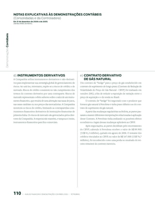 notAs expliCAtiVAs às demonstrAções ContÁBeis
                           (Consolidadas e da Controladora)
                           em 31 de dezembro de 2006 e de 2005
                           (em milhaRes de Reais)
 Demonstrações Contábeis




                           d) instrumentos deriVAtiVos                                                               e) ContrAto deriVAtiVo
                           A Companhia utiliza instrumentos derivativos e não-derivati-                                 de GÁs nAturAl
                           vos para implementar sua estratégia global de gerenciamento de                            Um contrato de “hedge” para o preço de gás estabelecido em
                           riscos. Ao usá-los, entretanto, expõe-se a riscos de crédito e de                         contrato de suprimento de longo prazo (Contrato de Redução de
                           mercado. Riscos de crédito consistem no não cumprimento dos                               Volatilidade do Preço de Gás Natural - CRVP) foi realizado em
                           termos do contrato derivativo por uma contraparte. Riscos de                              outubro 2002, a fim de reduzir a exposição de variação entre o
                           mercado representam o efeito adverso sobre o valor de um instru-                          preço de aquisição e o de venda no Brasil.
                           mento financeiro, que resulta de uma alteração nas taxas de juros,                             O contrato de “hedge” foi negociado com o produtor que
                           nas taxas cambiais ou nos preços das mercadorias. A Companhia                             fornece gás natural à Petrobras e tinha prazo idêntico ao do con-
                           monitora os riscos de crédito, limitando as contrapartidas a ins-                         trato de suprimento de gás natural.
                           trumentos financeiros derivativos de instituições financeiras de                                A partir das mudanças regulatórias na Bolívia, as partes pas-
                           primeira linha. Os riscos de mercado são gerenciados pelos dire-                          saram a manter diferentes interpretações relacionadas à aplicação
                           tores da Companhia. A empresa não mantém, e tampouco emite,                               desse Contrato. A Petrobras vinha avaliando os possíveis efeitos
                           instrumentos financeiros para fins comerciais.                                            econômicos e legais dessas mudanças aplicáveis ao CRVP.
                                                                                                                          Após negociações, as partes decidiram pelo encerramento
                                                                                                                     do CRVP, cabendo à Petrobras receber o valor de R$ 89.900
                                                                                                                     (US$ 41,3 milhões), quitado em agosto de 2006. O restante dos
                                                                                                                     créditos vinculados ao CRVP, no valor de R$ 167.000 (US$ 76,7
                                                                                                                     milhões), foi reconhecido como uma perda no resultado do ter-
                                                                                                                     ceiro trimestre do corrente exercício.




                           110          |     ANÁLISE FINANCEIRA E DEMONSTRAçõES CONTÁBEIS 2006   |     PETROBRAS 
 