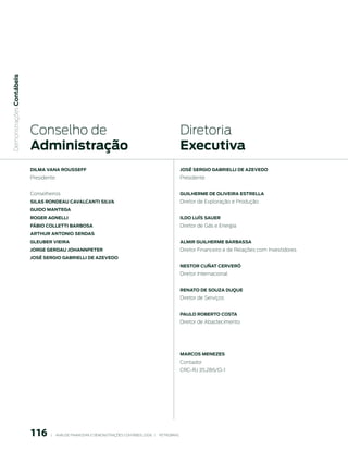  Demonstrações Contábeis




                           C
                             onselho de                                                                            Diretoria  
                           Administração                                                                           executiva
                           dilmA VAnA rousseFF                                                                     JosÉ serGio GABrielli de AzeVedo
                           Presidente                                                                              Presidente


                           Conselheiros                                                                            Guilherme de oliVeirA estrellA
                           silAs rondeAu CAVAlCAnti silVA                                                          Diretor de Exploração e Produção
                           Guido mAnteGA
                           roGer AGnelli                                                                           ildo luís sAuer
                           FÁBio Colletti BArBosA                                                                  Diretor de Gás e Energia
                           Arthur Antonio sendAs
                           GleuBer VieirA                                                                          Almir Guilherme BArBAssA
                           JorGe GerdAu JohAnnpeter                                                                Diretor Financeiro e de Relações com Investidores
                           JosÉ serGio GABrielli de AzeVedo
                                                                                                                   nestor CuñAt CerVeró
                                                                                                                   Diretor Internacional


                                                                                                                   renAto de souzA duque
                                                                                                                   Diretor de Serviços


                                                                                                                   pAulo roBerto CostA
                                                                                                                   Diretor de Abastecimento




                                                                                                                   mArCos menezes
                                                                                                                   Contador
                                                                                                                   CRC-RJ 35.286/O-1




                           116        |     ANÁLISE FINANCEIRA E DEMONSTRAçõES CONTÁBEIS 2006   |     PETROBRAS 
 