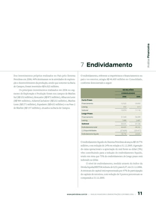 Análise Financeira
                                                                       7  endividamento
Dos investimentos próprios realizados no País pelo Sistema             O endividamento, referente a empréstimos e financiamentos no
Petrobras em 2006, 46% destinaram-se às atividades de explora-         país e no exterior, atingiu R$ 46.605 milhões no Consolidado,
ção e desenvolvimento da produção, sendo que somente na Bacia          conforme demonstrado a seguir:
de Campos, foram investidos R$ 6.023 milhões.
     Os principais investimentos realizados em 2006 no seg-                                                                 r$ MILhõeS

mento de Exploração e Produção foram nos campos de Marlim                                                                 CONSOLIDADO

Sul (R$ 232 milhões), Roncador (R$ 872 milhões), Albacora Leste                                                            006              005

(R$ 984 milhões), Jubarte/Cachalote (R$ 232 milhões), Marlim            Curto Prazo:
                                                                        Financiamento                                     12.522           10.503
Leste (R$ 271 milhões), Espadarte (R$ 632 milhões) e na Fase 2
                                                                        Leasing                                              552              613
de Marlim (R$ 157 milhões), situados na Bacia de Campos.
                                                                        Subtotal                                          13.074           11.116
                                                                        Longo Prazo:
                                                                        Financiamento                                     31.543           34.439
                                                                        Leasing                                            1.988             2.687
                                                                        Subtotal                                          33.531           37.126
                                                                        Endividamento total                               46.605           48.242
                                                                        (-) Disponibilidades                             (27.829)          (23.417)
                                                                        Endividamento líquido                             18.776           24.825



                                                                       O endividamento líquido do Sistema Petrobras alcançou R$ 18.776
                                                                       milhões, com redução de 24% em relação a 31.12.2005. A geração
                                                                       de caixa operacional e a apreciação do real frente ao dólar (9%)
                                                                       vêm contribuindo para a redução do endividamento líquido,
                                                                       tendo em vista que 75% do endividamento de longo prazo está
                                                                       indexado ao dólar.
                                                                            O nível de endividamento, medido através do índice da
                                                                       Dívida líquida/EBITDA reduziu de 0,53, para 0,37, em 31.12.2006.
                                                                       A estrutura de capital está representada por 47% de participação
                                                                       de capitais de terceiros, com redução de 5 pontos percentuais se
                                                                       comparada a 31.12.2005.




                                                                                                                                              11
                                                      www.petrobras.com.br    |    ANÁLISE FINANCEIRA E DEMONSTRAçõES CONTÁBEIS 2006    |      
 