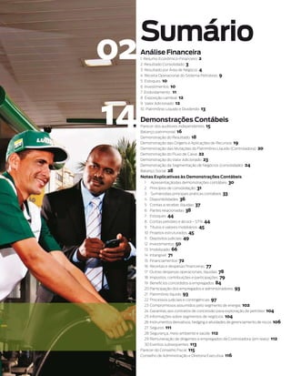 sumário
02   Análise Financeira
     1  Resumo Econômico-Financeiro  2
     2  Resultado Consolidado  3
     3    esultado por Área de Negócio  4
        R
     4  Receita Operacional do Sistema Petrobras  9
     5  Estoques  10
     6  Investimentos  10
     7  Endividamento   11




14
     8  Exposição cambial  12
     9  Valor Adicionado  12
     10  Patrimônio Líquido e Dividendo  13


     demonstrações Contábeis
     Parecer dos auditores independentes  15
     Balanço patrimonial  16
     Demonstração do Resultado  18
     Demonstração das Origens e Aplicações de Recursos  19
     Demonstração das Mutações do Patrimônio Líquido (Controladora)  20
     Demonstração do Fluxo de Caixa  22
     Demonstração do Valor Adicionado  23
     Demonstração da Segmentação de Negócios (consolidado)  24
     Balanço Social  28
     notas explicativas às demonstrações Contábeis
       1   Apresentação das demonstrações contábeis  30
       2  Princípios de consolidação  31
       3   Sumário das principais práticas contábeis  33
       4  Disponibilidades  36
       5    ontas a receber, líquidas  37
          C
       6  Partes relacionadas  38
       7  Estoques  44
       8    ontas petróleo e álcool - STN  44
          C
       9    ítulos e valores mobiliários  45
          T
       10    rojetos estruturados  45
           P
       11  Depósitos judiciais  49
       12  Investimentos  50
       13  Imobilizado  66
       14  Intangível  71
       15  Financiamentos  72
       16  Receitas e despesas financeiras  77
       17  Outras despesas operacionais, líquidas  78
       18  Impostos, contribuições e participações  79
       19  Benefícios concedidos a empregados  84
       20   articipação dos empregados e administradores  93
          P
       21    atrimônio líquido  93
           P
       22    rocessos judiciais e contingências  97
           P
       23   ompromissos assumidos pelo segmento de energia  102
          C
       24    arantias aos contratos de concessão para exploração de petróleo  104
           G
       25  nformações sobre segmentos de negócios  104
          I
       26  nstrumentos derivativos, hedging e atividades de gerenciamento de riscos  106
          I
       27  Seguros  111
       28   egurança, meio ambiente e saúde  112
          S
       29   emuneração de dirigentes e empregados da Controladora (em reais)  112
          R
       30 Eventos subseqüentes  113
     Parecer do Conselho Fiscal  115
       onselho de Administração e Diretoria Executiva  116
     C
 