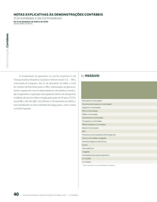 notAs expliCAtiVAs às demonstrAções ContÁBeis
                           (Consolidadas e da Controladora)
                           em 31 de dezembro de 2006 e de 2005
                           (em milhaRes de Reais)
 Demonstrações Contábeis




                                 A titularidade do gasoduto no trecho brasileiro é da                             b) pAssiVo
                           Transportadora Brasileira Gasoduto Bolívia-brasil S.A. - TBG,
                           controlada da Gaspetro. Em 31 de dezembro de 2006, o total
                           de créditos da Petrobras junto a TBG, relacionados ao gerencia-
                           mento, repasse de custos e financiamentos vinculados à constru-
                           ção do gasoduto e aquisição antecipada do direito de transportar
                           6 milhões de metros cúbicos de gás, pelo prazo de 40 anos (TCO),
                           era de R$ 1.185.462 (R$ 1.422.508 em 31 de dezembro de 2005), e                        Petroquisa e Controladas*

                           está classificado no ativo realizável de longo prazo, como contas                      Petrobras Distribuidora e Controladas*
                                                                                                                  Gaspetro e Controladas*
                           a receber líquidas.
                                                                                                                  PIFCo e Controladas
                                                                                                                  PNBV e Controladas
                                                                                                                  Downstream e Controladas
                                                                                                                  Transpetro e Controladas
                                                                                                                  PIB-BV Holanda e Controladas*
                                                                                                                  Brasoil e Controladas
                                                                                                                  BOC
                                                                                                                  Petrobras Comercializadora de Energia Ltda
                                                                                                                  Outras Controladas e Coligadas
                                                                                                                  Petrobras Negócios Eletrônicos
                                                                                                                  Outras
                                                                                                                  Termoelétricas
                                                                                                                  Coligadas
                                                                                                                  Sociedades de propósito específico
                                                                                                                  31/12/2006
                                                                                                                  31/12/2005
                                                                                                                  * Inclui operações com controladas em conjunto




                           0        |     ANÁLISE FINANCEIRA E DEMONSTRAçõES CONTÁBEIS 2006   |     PETROBRAS 
 