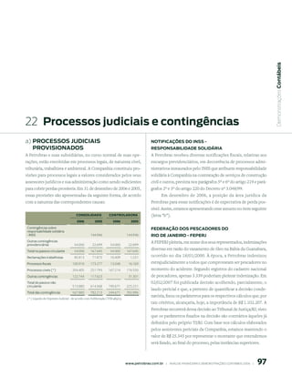  Demonstrações Contábeis
22 processos judiciais e contingências
a) proCessos JudiCiAis                                                                        notiFiCAções do inss -
   proVisionAdos                                                                              responsABilidAde solidÁriA
A Petrobras e suas subsidiárias, no curso normal de suas ope-                                 A Petrobras recebeu diversas notificações fiscais, relativas aos
rações, estão envolvidas em processos legais, de natureza cível,                              encargos previdenciários, em decorrência de processos admi-
tributária, trabalhista e ambiental. A Companhia constituiu pro-                              nistrativos instaurados pelo INSS que atribuem responsabilidade
visões para processos legais a valores considerados pelos seus                                solidária à Companhia na contratação de serviços de construção
assessores jurídicos e sua administração como sendo suficientes                               civil e outros, prevista nos parágrafos 5º e 6º do artigo 219 e pará-
para cobrir perdas prováveis. Em 31 de dezembro de 2006 e 2005,                               grafos 2º e 3º do artigo 220 do Decreto nº 3.048/99.
essas provisões são apresentadas da seguinte forma, de acordo                                       Em dezembro de 2006, a posição da área jurídica da
com a natureza das correspondentes causas:                                                    Petrobras para essas notificações é de expectativa de perda pos-
                                                                                              sível. Assim, estamos apresentando esse assunto no item seguinte
                                      CONSOLIDADO              CONtrOLADOrA                   (letra “b”).
                                      006          005          006          005
Contingências sobre                                                                           FederAção dos pesCAdores do
responsabilidade solidária
- INSS                                           144.946                     144.946          rio de JAneiro - FeperJ
Outras contingências                                                                          A FEPERJ pleiteia, em nome dos seus representados, indenizações
previdenciárias                     54.000        22.699        54.000         22.699
Total no passivo circulante         54.000       167.645        54.000       167.645
                                                                                              diversas em razão do vazamento de óleo na Bahia da Guanabara,
Reclamações trabalhistas            85.813        71.875        10.409          1.231         ocorrido no dia 18/01/2000. À época, a Petrobras indenizou
Processos fiscais                  100.918       173.277        13.048         16.169         extrajudicialmente a todos que comprovaram ser pescadores no
Processos cíveis ( * )             204.405       251.793       167.214       176.550          momento do acidente. Segundo registros do cadastro nacional
Outras contingências               122.744       117.623                       31.301         de pescadores, apenas 3.339 poderiam pleitear indenização. Em
Total do passivo não                                                                          02/02/2007 foi publicada decisão acolhendo, parcialmente, o
circulante                         513.880       614.568       190.671       225.251
                                                                                              laudo pericial e que, a pretexto de quantificar a decisão conde-
Total das contingências            567.880       782.213       244.671       392.896
                                                                                              natória, fixou os parâmetros para os respectivos cálculos que, por
( * ) Líquido de Depósito Judicial - de acordo com Deliberação CVM 489/05.
                                                                                              tais critérios, alcançaria, hoje, a importância de R$ 1.102.207. A
                                                                                              Petrobras recorrerá dessa decisão ao Tribunal de Justiça/RJ, visto
                                                                                              que os parâmetros fixados na decisão são contrários àqueles já
                                                                                              definidos pelo próprio TJ/RJ. Com base nos cálculos elaborados
                                                                                              pelos assistentes periciais da Companhia, estamos mantendo o
                                                                                              valor de R$ 25.345 por representar o montante que entendemos
                                                                                              será fixado, ao final do processo, pelas instâncias superiores.



                                                                                                                                                                     97
                                                                             www.petrobras.com.br    |    ANÁLISE FINANCEIRA E DEMONSTRAçõES CONTÁBEIS 2006    |      
 