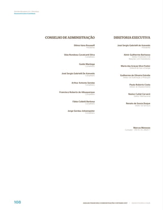 Petróleo Brasileiro S.A. / Petrorbas
Demonstrações Contábeis




                                       CONSELHO DE ADMINISTRAÇÃO                                     DIRETORIA EXECUTIVA

                                                           Dilma Vana Rousseff                           José Sergio Gabrielli de Azevedo
                                                                       Presidenta                                                           Presidente


                                                  Silas Rondeau Cavalcanti Silva                                 Almir Guilherme Barbassa
                                                                      Conselheiro                                           Diretor Financeiro e de
                                                                                                                        Relações com Investidores

                                                                Guido Mantega
                                                                      Conselheiro                            Maria das Graças Silva Foster
                                                                                                                             Diretora de Gás e Energia

                                                José Sergio Gabrielli De Azevedo
                                                                      Conselheiro                            Guilherme de Oliveira Estrella
                                                                                                                Diretor de Exploração e Produção

                                                         Arthur Antonio Sendas
                                                                      Conselheiro                                        Paulo Roberto Costa
                                                                                                                         Diretor de Abastecimento

                                              Francisco Roberto de Albuquerque
                                                                      Conselheiro                                       Nestor Cuñat Cerveró
                                                                                                                                  Diretor Internacional

                                                          Fábio Colletti Barbosa
                                                                      Conselheiro                                  Renato de Souza Duque
                                                                                                                                   Diretor de Serviços

                                                     Jorge Gerdau Johannpeter
                                                                      Conselheiro




                                                                                                                                 Marcos Menezes
                                                                                                                  Contador - CRC-RJ 35.286/O-1




108                                                                 ANÁLISE FINANCEIRA E DEMONSTRAÇÕES CONTÁBEIS 2007    |     WWW.PETROBRAS.COM.BR
 