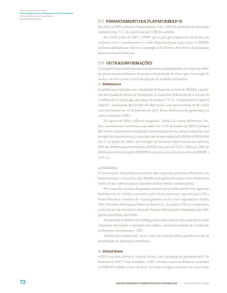 Demonstrações Contábeis
Notas Explicativas às Demonstrações Contábeis
(Consolidadas e da Controladora)
Em milhares de Reais
                                                15.5 FINANCIAMENTO DA PLATAFORMA P-51
                                                Em 2005, a PNBV contratou ﬁnanciamento com o BNDES, destinado à construção
                                                da plataforma P-51, do qual foi sacado US$ 204 milhões.
                                                    Em 15 de junho de 2007, a PNBV optou pelo pré-pagamento da dívida, em
                                                conjunto com o cancelamento do saldo disponível para saque junto ao BNDES,
                                                de forma alinhada aos objetivos estratégicos do Sistema Petrobras e à otimização
                                                da sua estrutura ﬁnanceira.


                                                15.6 OUTRAS INFORMAÇÕES
                                                Os empréstimos e ﬁnanciamentos se destinam, principalmente, à compra de maté-
                                                ria-prima, desenvolvimento de projetos de produção de óleo e gás, construção de
                                                navios e de dutos, bem como à ampliação de unidades industriais.
                                                a) Debêntures
                                                As debêntures emitidas com a ﬁnalidade de ﬁnanciar, através do BNDES, a aquisi-
                                                ção antecipada do direito de transportar, no Gasoduto Bolívia-Brasil, o volume de
                                                6 milhões de m3/dia de gás, pelo prazo de 40 anos (“TCO - Transportation Capacity
                                                Option”), totalizaram R$ 430.000 (43.000 títulos, com valor nominal de R$ 10,00)
                                                com vencimento em 15 de fevereiro de 2015. Essas debêntures são garantidas por
                                                ações ordinárias a TBG.
                                                    Em agosto de 2006, a Alberto Pasqualini - Refap S.A. emitiu debêntures sim-
                                                ples, nominativas e escriturais, cujo saldo em 31 de dezembro de 2007 totalizava
                                                R$ 758.507, objetivando a ampliação e modernização de seu parque industrial, com
                                                as seguintes características (condições básicas aprovadas pelo BNDES e BNDESPAR
                                                em 23 de junho de 2006): amortização de 96 meses mais 6 meses de carência;
                                                90% das debêntures subscritas pelo BNDES com juros de TJLP + 3,8% a.a.; 10% das
                                                debêntures subscritas pelo BNDESPAR com juros da cesta de moedas do BNDES +
                                                2,3% a.a..


                                                a.1) Garantias
                                                As instituições financeiras no exterior não requerem garantias à Petrobras. Os
                                                ﬁnanciamentos concedidos pelo BNDES estão garantidos pelos bens ﬁnanciados
                                                (tubos de aço carbono para o Gasoduto Bolívia-Brasil e embarcações).
                                                    Por conta de contrato de garantia emitido pela União em favor de Agências
                                                Multilaterais de Crédito, motivado pelos financiamentos captados pela TBG,
                                                foram firmados contratos de contra-garantia, tendo como signatários a União,
                                                TBG, Petrobras, Petroquisa e Banco do Brasil S.A., nos quais a TBG se compromete
                                                a vincular as suas receitas à ordem do Tesouro Nacional até a liquidação das obri-
                                                gações garantidas pela União.
                                                    Em garantia às debêntures a Refap possui uma conta de aplicações ﬁnanceiras
                                                (depósitos vinculados a operações de crédito), atrelada à variação do Certiﬁcado
                                                de Depósito Interbancário - CDI.
                                                    A Refap deve manter três vezes o valor da soma da última parcela vencida da
                                                amortização do principal e acessórios.


                                                b) Global Notes
                                                A PifCo concluiu oferta de troca de títulos, com liquidação da operação em 07 de
                                                fevereiro de 2007. Como resultado, a PifCo recebeu e aceitou ofertas no montante
                                                de US$ 399 milhões (valor de face). Os títulos antigos recebidos na troca foram



72                                                           ANÁLISE FINANCEIRA E DEMONSTRAÇÕES CONTÁBEIS 2007   |   WWW.PETROBRAS.COM.BR
 