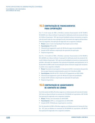 NOTAS EXPlICATIVAS àS DEmONSTRAÇÕES CONTáBEIS
Consolidadas e da Controladora
(Em milhares de reais)




                                         16.5 contratação de financiamentos
                                                   Para exPortações
                                         Em 17 e 26 de março de 2008, a Petrobras contratou financiamento de R$ 750.000 e
                                         R$ 500.000 com o Banco do Brasil. A operação foi viabilizada através da emissão de Notas
                                         de Créditos à Exportação - NCE, que tem por finalidade exclusiva incrementar as exporta-
                                         ções de etanol, tendo em vista as perspectivas de crescimento dos negócios de biocombus-
                                         tíveis da companhia. Esta operação foi negociada com as seguintes condições:
                                         › Prazo: 2 anos e 3 anos com liquidação de principal e juros no final;
                                         ›   Taxa de juros: 95% do CDI;
                                         ›   Cláusula de pré-pagamento a partir de 180 dias do saque sem penalidades;
                                         ›   Isenção de IOF mediante comprovação das operações de exportação;
                                         ›   Dispensa de garantias.

                                         Em 04 e 11 de abril de 2008, a Petrobras contratou financiamento de R$ 400.000 e
                                         R$ 1.600.000 com o Banco do Brasil. A operação foi viabilizada através da emissão de No-
                                         tas de Créditos à Exportação - NCE, que tem por finalidade incrementar as exportações de
                                         petróleo e derivados da companhia. Esta operação foi liquidada antecipadamente em 23
                                         de dezembro de 2008, sendo recontratada pelo mesmo montante renegociado inicialmen-
                                         te, porém com as seguintes condições:
                                         › Prazo: Vencimento do principal em 12 de janeiro de 2011 e vencimentos das parcelas
                                             dos encargos financeiros semestralmente a partir de 12 de julho de 2009;
                                         ›   Taxa de juros: 108,20% do CDI + Flat Fee de 2% (pagamento em 09/01/2009);
                                         ›   Cláusula de pré-pagamento a partir de 180 dias do saque sem penalidades;
                                         ›   Isenção de IOF mediante comprovação das operações de exportação;
                                         ›   Dispensa de garantias.


                                         16.6 contratação de adiantamento
                                                   de contrato de câmBio
                                         Em 23 de outubro de 2008, a Petrobras negociou um Adiantamento de Contrato de Câmbio-
                                         ACC junto ao Banco do Brasil no montante de US$ 300.000 mil, equivalente a R$ 750.990.
                                         Essa operação foi negociada com as seguintes condições:
                                         › Prazo: 179 dias, com vencimento em 20/04/2009;
                                         ›   Taxa de juros: 6,30% a.a. com pagamento em 20/04/2009;
                                         ›   Isenção de IOF e IR desde que a exportação se concretize.

                                         Em 3 de dezembro de 2008, a Petrobras negociou um Adiantamento de Contrato de Câm-
                                         bio - ACC junto ao Bradesco no montante de US$ 200.000 mil, equivalente a R$ 480.470.
                                         Essa operação foi negociada com as seguintes condições:



122                                                                                                 d e m o n s t r a ç õ e s c o n tá B e i s
 