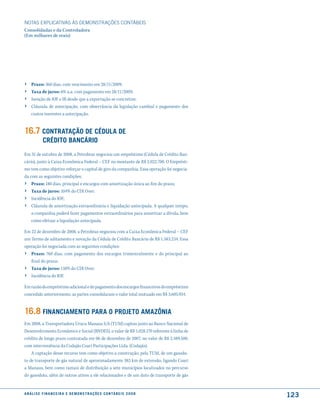 NOTAS EXPlICATIVAS àS DEmONSTRAÇÕES CONTáBEIS
Consolidadas e da Controladora
(Em milhares de reais)




›    Prazo: 360 dias, com vencimento em 28/11/2009;
›    Taxa de juros: 6% a.a. com pagamento em 28/11/2009;
›    Isenção de IOF e IR desde que a exportação se concretize.
›    Cláusula de antecipação, com observância da legislação cambial e pagamento dos
     custos inerentes a antecipação.


16.7 contratação de cédula de
              crédito Bancário
Em 31 de outubro de 2008, a Petrobras negociou um empréstimo (Cédula de Crédito Ban-
cário), junto à Caixa Econômica Federal – CEF no montante de R$ 2.022.700. O Emprésti-
mo tem como objetivo reforçar o capital de giro da companhia. Essa operação foi negocia-
da com as seguintes condições:
› Prazo: 180 dias, principal e encargos com amortização única ao fim do prazo;
›    Taxa de juros: 104% do CDI Over;
›    Incidência do IOF;
›    Cláusula de amortização extraordinária e liquidação antecipada. A qualquer tempo,
     a companhia poderá fazer pagamentos extraordinários para amortizar a dívida, bem
     como efetuar a liquidação antecipada.

Em 22 de dezembro de 2008, a Petrobras negociou com a Caixa Econômica Federal – CEF
um Termo de aditamento e novação da Cédula de Crédito Bancário de R$ 1.583.234. Essa
operação foi negociada com as seguintes condições:
›    Prazo: 760 dias, com pagamento dos encargos trimestralmente e do principal ao
     final do prazo;
›    Taxa de juros: 110% do CDI Over;
›    Incidência do IOF.

Em razão do empréstimo adicional e do pagamento dos encargos financeiros do empréstimo
concedido anteriormente, as partes consolidaram o valor total mutuado em R$ 3.605.934.


16.8 financiamento Para o ProJeto amaZônia
Em 2008, a Transportadora Urucu Manaus S/A (TUM) captou junto ao Banco Nacional de
Desenvolvimento Econômico e Social (BNDES), o valor de R$ 1.028.170 referente à linha de
crédito de longo prazo contratada em 06 de dezembro de 2007, no valor de R$ 2.489.500,
com interveniência da Codajás Coari Participações Ltda. (Codajás).
    A captação desse recurso tem como objetivo a construção, pela TUM, de um gasodu-
to de transporte de gás natural de aproximadamente 383 km de extensão, ligando Coari
a Manaus, bem como ramais de distribuição a sete municípios localizados no percurso
do gasoduto, além de outros ativos a ele relacionados e de um duto de transporte de gás


a n á l i s e f i n a n c e i r a e d e m o n s t r a ç õ e s c o n tá B e i s 2 0 0 8
                                                                                           123
 