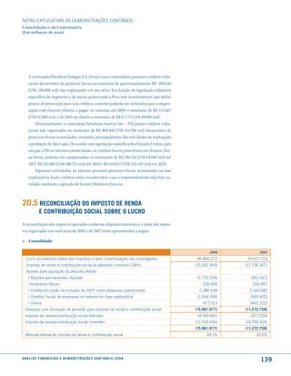 NOTAS EXPlICATIVAS àS DEmONSTRAÇÕES CONTáBEIS
Consolidadas e da Controladora
(Em milhares de reais)




     A controlada Petrobras Energia S.A. (Pesa) e suas controladas possuem créditos tribu-
     tários decorrentes de prejuízos fiscais acumulados de aproximadamente R$ 280.440
     (US$ 120.000 mil) não registrados em seu ativo. Em função de legislação tributária
     específica da Argentina e de outros países onde a Pesa tem investimentos, que define
     prazos de prescrição para tais créditos, somente poderão ser utilizados para compen-
     sação com futuros tributos a pagar, no máximo até 2009, o montante de R$ 212.667
     (US$ 91.000 mil), e de 2010 em diante o montante de R$ 67.773 (US$ 29.000 mil) .
         Adicionalmente, a controlada Petrobras America Inc. - PAI possui créditos tribu-
     tários não registrados no montante de R$ 969.168 (US$ 414.706 mil) decorrentes de
     prejuízos fiscais acumulados, oriundos, principalmente, das atividades de exploração
     e produção de óleo e gás. De acordo com legislação específica dos Estados Unidos, país
     em que a PAI se encontra domiciliada, os créditos fiscais prescrevem em 20 anos. Des-
     sa forma, poderão ser compensados os montantes de R$ 196.516 (US$ 84.089 mil) até
     2027, R$ 252.805 (US$ 108.175 mil) até 2028 e R$ 519.847 (US$ 222.442 mil) em 2029.
         Algumas controladas no exterior possuem prejuízos fiscais acumulados na fase
     exploratória. Esses créditos serão reconhecidos, caso o empreendimento seja bem su-
     cedido, mediante a geração de lucros tributáveis futuros.



20.5 reconciliação do imPosto de renda
              e contriBuição social soBre o lucro
A reconciliação dos impostos apurados conforme alíquotas nominais e o valor dos impos-
tos registrados nos exercícios de 2008 e de 2007 estão apresentados a seguir:

a. Consolidado

                                                                                                     2008           2007

   lucro do exercício antes dos impostos e após a participação dos empregados                  46.860.272     34.527.373
   Imposto de renda e contribuição social às alíquotas nominais (34%)                         (15.932.493)   (11.739.307)
   Ajustes para apuração da alíquota efetiva:
    › Adições permanentes, líquidas                                                            (1.775.554)      (951.411)
     › Incentivos fiscais                                                                         226.942        224.967
     › Crédito em razão da inclusão de JSCP como despesas operacionais                          2.386.549      2.160.685
     › Créditos fiscais de empresas no exterior em fase exploratória                           (1.544.744)     (565.470)
     › Outros                                                                                     677.323      (402.222)
  Despesa com formação de provisão para imposto de renda e contribuição social                (15.961.977)   (11.272.758)
  Imposto de renda/contribuição social diferidos                                               (4.769.951)      (477.234)
  Imposto de renda/contribuição social correntes                                              (11.192.026)   (10.795.524)
                                                                                              (15.961.977)   (11.272.758)
  Alíquota efetiva de imposto de renda e contribuição social                                        34,1%         32,6%




a n á l i s e f i n a n c e i r a e d e m o n s t r a ç õ e s c o n tá B e i s 2 0 0 8
                                                                                                                     139
 
