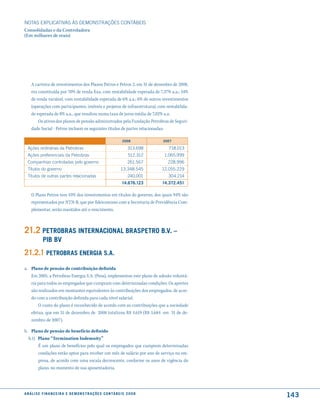 NOTAS EXPlICATIVAS àS DEmONSTRAÇÕES CONTáBEIS
Consolidadas e da Controladora
(Em milhares de reais)




     A carteira de investimentos dos Planos Petros e Petros 2, em 31 de dezembro de 2008,
     era constituída por 70% de renda fixa, com rentabilidade esperada de 7,37% a.a.; 24%
     de renda variável, com rentabilidade esperada de 6% a.a.; 6% de outros investimentos
     (operações com participantes, imóveis e projetos de infraestrutura), com rentabilida-
     de esperada de 8% a.a., que resultou numa taxa de juros média de 7,02% a.a.
         Os ativos dos planos de pensão administrados pela Fundação Petrobras de Seguri-
     dade Social - Petros incluem os seguintes títulos de partes relacionadas:

                                                                           2008           2007

  Ações ordinárias da Petrobras                                                313.698       718.013
  Ações preferenciais da Petrobras                                              512.312    1.065.999
  Companhias controladas pelo governo                                          261.567      228.996
  Títulos do governo                                                      13.348.545      12.055.229
  Títulos de outras partes relacionadas                                        240.001      304.214
                                                                           14.676.123     14.372.451

     O Plano Petros tem 43% dos investimentos em títulos do governo, dos quais 94% são
     representados por NTN-B, que por fideicomisso com a Secretaria de Previdência Com-
     plementar, serão mantidos até o vencimento.



21.2 PetroBras internacional BrasPetro B.V. –
              PiB BV
21.2.1 PetroBras enerGia s.a.
a. Plano de pensão de contribuição definida
   Em 2005, a Petrobras Energia S.A. (Pesa), implementou este plano de adesão voluntá-
   ria para todos os empregados que cumpram com determinadas condições. Os aportes
   são realizados em montantes equivalentes às contribuições dos empregados, de acor-
   do com a contribuição definida para cada nível salarial.
       O custo do plano é reconhecido de acordo com as contribuições que a sociedade
   efetua, que em 31 de dezembro de 2008 totalizou R$ 4.619 (R$ 3.684 em 31 de de-
   zembro de 2007).

b. Plano de pensão de benefício definido
  b.1) Plano “Termination Indemnity”
       É um plano de benefícios pelo qual os empregados que cumprem determinadas
       condições estão aptos para receber um mês de salário por ano de serviço na em-
       presa, de acordo com uma escala decrescente, conforme os anos de vigência do
       plano, no momento de sua aposentadoria.




a n á l i s e f i n a n c e i r a e d e m o n s t r a ç õ e s c o n tá B e i s 2 0 0 8
                                                                                                       143
 