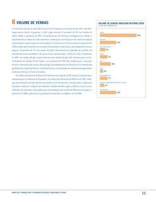 6 Volume de Vendas                                                                          Volume de Vendas mercado interno 2008
                                                                                            (2.146 MIL BARRIs/DIA)
O volume de vendas no mercado interno foi 5% superior ao do exercício de 2007, com des-
taque para o diesel, a gasolina, o QAV e gás natural. O aumento de 6% nas vendas de          Diesel

diesel reflete o aumento do PIB, o funcionamento de térmicas emergenciais a diesel, o                                                    34%

investimento em obras de infra-estrutura, mineração e construção civil, além da redução      Gasolina

da produção e importação de outros players. O aumento de 4% nas vendas de gasolina foi                                 15%

influenciado pelo aumento no consumo das famílias e pela menor participação de outros        Óleo Combustível

players. O aumento de 7% nas vendas de QAV é decorrente da expansão do turismo, da                      5%

entrada de novas aeronaves e de novas rotas, aumentando a oferta de vôos. O aumento          Nafta

de 26% nas vendas de gás natural decorre das vendas de gás não térmico para as dis-                        7%

tribuidoras no Estado de São Paulo e ao aumento de 150% das vendas para o mercado            GLP

térmico, motivada pela maior oferta de gás, principalmente em função do incremento da                           10%

produção do compo de Manati, no litorial baiano, e da entrada em operação dos gasodutos      QAV

Cabiúnas-Vitória e Vitória-Cacimbas.                                                                 3%

    As vendas internacionais foram 6% inferiores em relação a 2007, devido a paradas para    Outros Derivados

                                                                                                           7%
manutenções na refinaria de Pasadena, da venda das refinarias da Bolívia em 2007, redu-
ção da produção nos EUA (perda de pressão em Cottonwood e furacão Ike) e Argentina           Alcoóis, Nitrogenados, Biodiesel e Outros

                                                                                                      4%
(campos maduros) e redução dos volumes vendidos de óleo e gás na Bolívia com os novos
contratos de operação, atenuados pela consolidação das vendas da Refinaria do Japão, a       Gás Natural

                                                                                                                       15%
partir do 2T-2008 e pelo início da produção de petróleo na Nigéria, no 3T-2008.




a n á l i s e f i n a n c e i r a e d e m o n s t r a ç õ e s c o n tá B e i s 2 0 0 8
                                                                                                                                               11
 