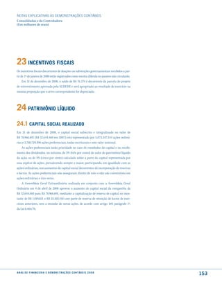 NOTAS EXPlICATIVAS àS DEmONSTRAÇÕES CONTáBEIS
Consolidadas e da Controladora
(Em milhares de reais)




23 incentiVos fiscais
Os incentivos fiscais decorrentes de doações ou subvenções governamentais recebidos a par-
tir de 1º de janeiro de 2008 estão registrados como receita diferida no passivo não circulante.
     Em 31 de dezembro de 2008, o saldo de R$ 76.574 é decorrente da parcela do projeto
de reinvestimento aprovada pela SUDENE e será apropriado ao resultado do exercício na
mesma proporção que o ativo correspondente for depreciado.




24 Patrimônio líquido
24.1 caPital social realiZado
Em 31 de dezembro de 2008, o capital social subscrito e integralizado no valor de
R$ 78.966.691 (R$ 52.644.460 em 2007) está representado por 5.073.347.344 ações ordiná-
rias e 3.700.729.396 ações preferenciais, todas escriturais e sem valor nominal.
    As ações preferenciais terão prioridade no caso de reembolso do capital e no recebi-
mento dos dividendos, no mínimo, de 3% (três por cento) do valor do patrimônio líquido
da ação, ou de 5% (cinco por cento) calculado sobre a parte do capital representada por
essa espécie de ações, prevalecendo sempre o maior, participando, em igualdade com as
ações ordinárias, nos aumentos do capital social decorrentes de incorporação de reservas
e lucros. As ações preferenciais não asseguram direito de voto e não são conversíveis em
ações ordinárias e vice-versa.
    A Assembleia Geral Extraordinária realizada em conjunto com a Assembleia Geral
Ordinária em 4 de abril de 2008 aprovou o aumento do capital social da companhia de
R$ 52.644.460 para R$ 78.966.691, mediante a capitalização de reserva de capital no mon-
tante de R$ 1.019.821 e R$ 25.302.410 com parte de reserva de retenção de lucros de exer-
cícios anteriores, sem a emissão de novas ações, de acordo com artigo 169, parágrafo 1º,
da Lei 6.404/76.




a n á l i s e f i n a n c e i r a e d e m o n s t r a ç õ e s c o n tá B e i s 2 0 0 8
                                                                                                  153
 
