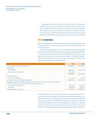 NOTAS EXPlICATIVAS àS DEmONSTRAÇÕES CONTáBEIS
Consolidadas e da Controladora
(Em milhares de reais)




                                                              Na proposta de destinação do resultado do exercício findo em 31 de dezembro
                                                          de 2008 está prevista uma retenção de lucros, no montante de R$ 25.217.273, sendo a
                                                          parcela de R$ 23.779.347 proveniente do lucro líquido do exercício e R$ 1.437.926 do
                                                          saldo remanescente de lucros acumulados, que se destina a atender parcialmente o
                                                          programa anual de investimentos estabelecido no orçamento de capital do exercício
                                                          de 2009, a ser deliberado em Assembleia Geral de Acionistas em 08 de abril de 2009.


                                                       24.5 diVidendos
                                                       Aos acionistas é garantido um dividendo e/ou juros sobre o capital próprio de pelo menos
                                                       25% do lucro líquido do exercício ajustado, calculado nos termos do artigo 202 da Lei das
                                                       Sociedades por Ações.
                                                           A proposta do dividendo relativo ao exercício de 2008, que está sendo encaminhada
                                                       pela Administração da Petrobras à aprovação dos acionistas na Assembleia Geral Ordiná-
                                                       ria a ser realizada em 8 de abril de 2009, no montante de R$ 9.914.707, atende aos direitos
                                                       garantidos, estatutariamente, às ações preferenciais (artigo 5º), distribuindo indistinta-
                                                       mente às ações ordinárias e preferenciais o dividendo calculado sobre o lucro básico ajus-
                                                       tado para esse fim, podendo ser assim demonstrado:

                                                                                                                         2008                       2007

 lucro líquido do exercício (Controladora)                                                                      36.469.549               22.028.691
 Apropriação:
  Reserva legal                                                                                                 (1.823.477)               (1.101.435)
  Reserva de incentivos fiscais                                                                                   (557.185)
                                                                                                                34.088.887               20.927.256
 Reversões/adições:
  Reserva de reavaliação                                                                                             51.236                       4.903
 lucro básico para determinação do dividendo                                                                    34.140.123               20.932.159
 Dividendos propostos, equivalente a 29,04% do lucro básico - R$ 1,13 por ação (31,44% em 2007,
 R$ 0,75 por ação após o desdobramento das ações), composto de:
   Juros sobre o capital próprio                                                                                  7.019.261                6.361.205
  Dividendos                                                                                                     2.895.446                    219.352
 Total de dividendos propostos                                                                                    9.914.707                6.580.557


                                                       Os dividendos propostos em 31 de dezembro de 2008, no montante de R$ 9.914.707, in-
                                                       cluem juros sobre o capital próprio, aprovados pelo Conselho de Administração em 19 de
                                                       dezembro de 2008, que serão disponibilizados em data a ser fixada pela Assembléia Geral
                                                       Ordinária de acionistas em 8 de abril de 2009, atualizados monetariamente, a partir de
                                                       31 de dezembro de 2008 até a data de início do pagamento, de acordo com a variação da
                                                       taxa SELIC, com base na posição acionária de 26 de dezembro de 2008, no montante de
                                                       R$ 7.019.261, correspondente a R$ 0,80 (oitenta centavo) por ação ordinária e preferencial.



156                                                                                                                d e m o n s t r a ç õ e s c o n tá B e i s
 