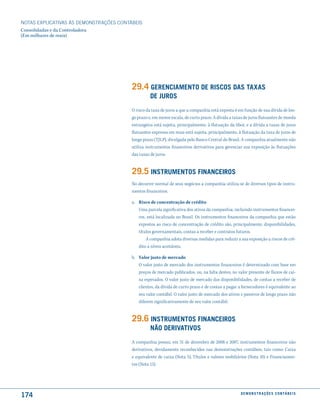NOTAS EXPlICATIVAS àS DEmONSTRAÇÕES CONTáBEIS
Consolidadas e da Controladora
(Em milhares de reais)




                                         29.4 Gerenciamento de riscos das taxas
                                                   de Juros
                                         O risco da taxa de juros a que a companhia está exposta é em função de sua dívida de lon-
                                         go prazo e, em menor escala, de curto prazo. A dívida a taxas de juros flutuantes de moeda
                                         estrangeira está sujeita, principalmente, à flutuação da libor, e a dívida a taxas de juros
                                         flutuantes expressa em reais está sujeita, principalmente, à flutuação da taxa de juros de
                                         longo prazo (TJLP), divulgada pelo Banco Central do Brasil. A companhia atualmente não
                                         utiliza instrumentos financeiros derivativos para gerenciar sua exposição às flutuações
                                         das taxas de juros.


                                         29.5 instrumentos financeiros
                                         No decorrer normal de seus negócios a companhia utiliza-se de diversos tipos de instru-
                                         mentos financeiros.

                                         a. Risco de concentração de crédito
                                            Uma parcela significativa dos ativos da companhia, incluindo instrumentos financei-
                                            ros, está localizada no Brasil. Os instrumentos financeiros da companhia que estão
                                            expostos ao risco de concentração de crédito são, principalmente, disponibilidades,
                                            títulos governamentais, contas a receber e contratos futuros.
                                                A companhia adota diversas medidas para reduzir a sua exposição a riscos de cré-
                                            dito a níveis aceitáveis.

                                         b. Valor justo de mercado
                                            O valor justo de mercado dos instrumentos financeiros é determinado com base em
                                            preços de mercado publicados, ou, na falta destes, no valor presente de fluxos de cai-
                                            xa esperados. O valor justo de mercado das disponibilidades, de contas a receber de
                                            clientes, da dívida de curto prazo e de contas a pagar a fornecedores é equivalente ao
                                            seu valor contábil. O valor justo de mercado dos ativos e passivos de longo prazo não
                                            diferem significativamente de seu valor contábil.


                                         29.6 instrumentos financeiros
                                                   não deriVatiVos
                                         A companhia possui, em 31 de dezembro de 2008 e 2007, instrumentos financeiros não
                                         derivativos, devidamente reconhecidos nas demonstrações contábeis, tais como: Caixa
                                         e equivalente de caixa (Nota 5), Títulos e valores mobiliários (Nota 10) e Financiamen-
                                         tos (Nota 15).




174                                                                                                  d e m o n s t r a ç õ e s c o n tá B e i s
 