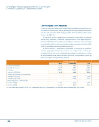 INFORmAÇÕES ADICIONAIS SOBRE ATIVIDADES DE EXPlORAÇÃO
E PRODuÇÃO DE PETRÓlEO E GáS (NÃO AuDITADAS)




                                                                    i. informações soBre reserVas
                                                                    As reservas de petróleo e gás provadas líquidas foram estimadas pela companhia, em con-
                                                                    formidade com os conceitos de reservas definidos pela Securities and Exchange Commis-
                                                                    sion, de acordo com o SFAS Nº 69 - Divulgações Sobre Atividades Relativas à Produção de
                                                                    Petróleo e Gás (SFAS 69).
                                                                        As reservas de petróleo e gás provadas correspondem às quantidades estimadas de
                                                                    petróleo bruto, gás natural e condensado que pela análise dos dados de geo-engenharia,
                                                                    podem ser estimados com razoável certeza, considerados comerciais, de um reservatório
                                                                    conhecido, sob condições econômicas definidas, métodos de operação conhecidos e sob as
                                                                    condições regulatórias vigentes, numa determinada data.
                                                                        As reservas provadas e desenvolvidas correspondem às quantidades de hidrocarbo-
                                                                    netos que se espera recuperar de poços existentes com os equipamentos e métodos ope-
                                                                    racionais existentes. As reservas provadas não desenvolvidas correspondem aos volumes
                                                                    de hidrocarbonetos que se esperam recuperar em função de investimentos futuros em
                                                                    perfuração de poços, em equipamentos adicionais.

                                                                                                                 Óleo/lGn (Bilhões de BBl)

                                                                                                       Brasil              internacional                              total

  Saldo em 31/12/2007                                                                                  9,139                       0,414                             9,553
  Variação das reservas                                                                                0,223                       0,015                             0,238
  Produção                                                                                           (0,646)                     (0,039)                           (0,685)
  Saldo em 31/12/2008                                                                                  8,716                       0,390                              9,106
  Reserva de empresas não consolidadas
  Saldo em 31/12/2007                                                                                                              0,060                             0,060
  Saldo em 31/12/2008                                                                                                              0,048                             0,048
  Reservas provadas e desenvolvidas
  Em 31/12/2007                                                                                        5,249                       0,210                             5,459
  Em 31/12/2008                                                                                        5,346                       0,211                             5,557
(1) Inclui reservas de 110 milhões de boe em 2008 (199 milhões de boe em 2007) correspondentes a uma participação de não controladores de 41,38% na Pepsa.




178                                                                                                                                    d e m o n s t r a ç õ e s c o n tá B e i s
 