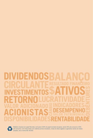 Relatório impresso em papel Reciclato, da Suzano (100% de papel reciclado de aparas, sendo 35% pós-consumo e 65%
pré-consumo), com tintas feitas com matérias-primas renováveis, à base de óleos vegetais e pigmentos isentos de metais
pesados, sob a norma ISO 18.000.
 