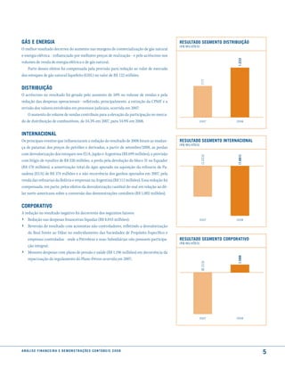 Gás e enerGia                                                                                resultado seGmento distriBuição
                                                                                             (R$ MILhõEs)
O melhor resultado decorreu do aumento nas margens de comercialização de gás natural
e energia elétrica - influenciado por melhores preços de realização - e pelo acréscimo nos




                                                                                                                       1.233
volumes de venda de energia elétrica e de gás natural.
    Parte desses efeitos foi compensada pela provisão para redução ao valor de mercado
dos estoques de gás natural liquefeito (GNL) no valor de R$ 122 milhões.




                                                                                                            777
distriBuição
O acréscimo no resultado foi gerado pelo aumento de 10% no volume de vendas e pela
redução das despesas operacionais - refletindo, principalmente, a extinção da CPMF e a
revisão dos valores envolvidos em processos judiciais, ocorrida em 2007.
    O aumento do volume de vendas contribuiu para a elevação da participação no merca-
do de distribuição de combustíveis, de 34,3% em 2007, para 34,9% em 2008.                               2007          2008



internacional
Os principais eventos que influenciaram a redução do resultado de 2008 foram as mudan-       resultado seGmento internacional
                                                                                             (R$ MILhõEs)
ça de patamar dos preços do petróleo e derivados, a partir de setembro/2008, as perdas
com desvalorização dos estoques nos EUA, Japão e Argentina (R$ 699 milhões), a provisão




                                                                                                            (1.023)




                                                                                                                       (1.661)
com litígio de royalties de R$ 220 milhões, a perda pela devolução do bloco 31 no Equador
(R$ 178 milhões), a amortização total do ágio apurado na aquisição da refinaria de Pa-
sadena (EUA) de R$ 374 milhões e a não recorrência dos ganhos apurados em 2007, pela
venda das refinarias da Bolívia e empresas na Argentina (R$ 111 milhões). Essa redução foi
compensada, em parte, pelos efeitos da desvalorização cambial do real em relação ao dó-
lar norte-americano sobre a conversão das demonstrações contábeis (R$ 1.002 milhões).


corPoratiVo
A redução no resultado negativo foi decorrente dos seguintes fatores:
› Redução nas despesas financeiras líquidas (R$ 8.043 milhões);                                         2007          2008

›    Reversão do resultado com acionistas não controladores, refletindo a desvalorização
     do Real frente ao Dólar no endividamento das Sociedades de Propósito Específico e
     empresas controladas - onde a Petrobras e suas Subsidiárias não possuem participa-      resultado seGmento corPoratiVo
                                                                                             (R$ MILhõEs)
     ção integral;
›    Menores despesas com plano de pensão e saúde (R$ 1.196 milhões) em decorrência da
                                                                                                                       1.588




     repactuação do regulamento do Plano Petros ocorrida em 2007;
                                                                                                            (8.213)




                                                                                                        2007          2008




a n á l i s e f i n a n c e i r a e d e m o n s t r a ç õ e s c o n tá B e i s 2 0 0 8
                                                                                                                                 5
 