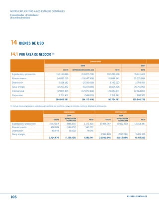 NOTAS ExPLICATIVAS A LOS ESTADOS CONTABLES
Consolidadas y Controlante
(En miles de reales)




14         BIENES dE uSO

14.1 POR ÁREA dE NEGOCIO (1)
                                                                                                           CONSOLIdAdO

                                                                                               2008                                                                           2007

                                                                       COStO       dEPRECIACIóN ACumuLAdA                                   NEtO                              NEtO

  Explotación y producción                                   156.116.886                        (53.827.228)                         102.289.658                    76.611.403
  Abastecimiento                                               54.892.255                       (19.047.308)                         35.844.947                    25.225.884
  Distribución                                                   5.528.182                       (2.335.619)                           3.192.563                     2.793.450
  Gas y energía                                                32.252.362                        (5.227.836)                          27.024.526                    20.751.962
  Internacional                                                32.809.495                       (12.725.364)                          20.084.131                   12.664.055
  Corporativo                                                    3.267.401                          (949.059)                          2.318.342                     1.893.972
                                                             284.866.581                        (94.112.414)                         190.754.167                  139.940.726

(1) Incluye bienes originados en contratos que transfieran los beneficios, riesgos y controles, conforme detallado a continuación:


                                                                        CONSOLIdAdO                                                         CONtROLANtE

                                                                            2008                                                               2008
                                                                         dEPRECIACIóN                                                        dEPRECIACIóN
                                                          COStO                                           NEtO                  COStO                                         NEtO
                                                                           ACumuLAdA                                                           ACumuLAdA
  Explotación y producción                          2.157.354               (985.931)              1.171.423             17.936.097          (5.922.710)            12.013.387
  Abastecimiento                                      486.874               (146.602)                 340.272
  Distribución                                          80.648                 (6.602)                 74.046
  Gas y energía                                                                                                           5.994.449            (590.284)              5.404.165
                                                    2.724.876             (1.139.135)              1.585.741            23.930.546           (6.512.994)             17.417.552




106                                                                                                                                                       E S tA d O S C O N tA B L E S
 