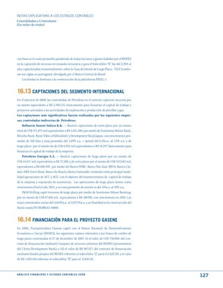 NOTAS ExPLICATIVAS A LOS ESTADOS CONTABLES
Consolidadas y Controlante
(En miles de reales)




con base en el costo promedio ponderado de todas las tasas y gastos habidos por el BNDES
en la captación de recursos en moneda extranjera y para el Subcrédito “B” fue del 2,76% al
año, capitalizados trimestralmente, sobre la Tasa de Interés de Largo Plazo - TJLP (confor-
me sus siglas en portugués), divulgada por el Banco Central do Brasil.
    Los fondos se destinan a la construcción de la plataforma PMXL-1.


16.13 CAPtACIONES dEL SEGmENtO INtERNACIONAL
En el ejercicio de 2008, las controladas de Petrobras en el exterior captaron recursos por
un monto equivalente a R$ 2.760.135, básicamente para financiar el capital de trabajo y
proyectos asociados a las actividades de explotación y producción de petróleo y gas.
Las captaciones más significativas fueron realizadas por las siguientes empre-
sas, controladas indirectas de Petrobras:
    Refinería Nansei Sekiyu K.K. — Realizó captaciones de corto plazo por un monto
total de US$ 471.875 mil equivalentes a R$ 1.051.280, por medio de Sumitomo Mitsui Bank,
Mizuho Bank, Bank Tókio of Mitsubishi y Development Bank Japan, con vencimiento pro-
medio de 320 días y tasa promedio del 1,09% a.a. + spread del 0,5%a.a. al 1,0% a.a. y de
largo plazo por el monto de de US$ 6.952 mil equivalentes a R$ 16.247 básicamente para
financiar el capital de trabajo de la empresa;
    Petrobras Energia S.A. — Realizó captaciones de largo plazo por un monto de
US$ 44.457 mil, equivalentes a R$ 75.200, y de corto plazo por el monto de US$ 353.042 mil,
equivalentes a R$ 698.439, por medio del Banco HSBC, Banco Rio, Itaú, BBVA, Banco Ciu-
dad, ABN Amro Bank, Banco do Brasil y Banco Santander, teniendo como principal moda-
lidad operaciones de ACC y ACE, con el objetivo del mantenimiento de capital de trabajo
de la empresa y reposición de existencias. Las operaciones de largo plazo tienen como
vencimiento final el año 2015, y su tasa promedio de interés es del 6%a.a. al 10% a.a.
    P&M Drilling captó recursos de largo plazo por medio de Sumitomo Mitsui Banking,
por un monto de US$ 97.818 mil, equivalentes a R$ 180.981, con vencimiento en 2010. Las
tasas contratadas varían del 3,625%a.a. al 3,9375%a.a. y su finalidad es la construcción del
Navío sonda PETROBRAS 10000.


16.14 FINANCIACIóN PARA EL PROyECtO GASENE
En 2008, Transportadora Gasene captó con el Banco Nacional de Desenvolvimento
Econômico e Social (BNDES), los siguientes valores referentes a las líneas de crédito de
largo plazo contratadas el 27 de diciembre de 2007: (i) el valor de US$ 750.000, del con-
trato de financiación mediante traspaso de recursos externos del BNDES (provenientes
del China Development Bank), y (ii) el valor de R$ 907.671 del contrato de financiación
mediante fondos propios del BNDES referente al subcrédito “A” para el GASCAV, y el valor
de R$ 1.032.410 referente al subcrédito “B” para el GASCAC.



A N Á L I S I S F I N A N C I E R O y E S tA d O S C O N tA B L E S 2 0 0 8
                                                                                               127
 