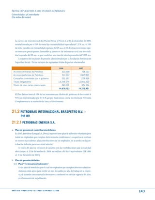 NOTAS ExPLICATIVAS A LOS ESTADOS CONTABLES
Consolidadas y Controlante
(En miles de reales)




     La cartera de inversiones de los Planes Petros y Petros 2, al 31 de diciembre de 2008,
     estaba formada por el 70% de renta fija con rentabilidad esperada del 7,37% a.a.; el 24%
     de renta variable con rentabilidad esperada del 6% a.a.; el 6% de otras inversiones (ope-
     raciones con participantes, inmuebles y proyectos de infraestructura) con rentabili-
     dad esperada del 8% a.a., lo que resultó en una tasa de interés promedio del 7,02% a.a.
         Los activos de los planes de pensión administrados por la Fundación Petrobras de
     Seguridad Social - Petros incluyen los siguientes títulos de partes relacionadas:

                                                                              2008        2007

  Acciones ordinarias de Petrobras                                              313.698      718.013
  Acciones preferidas de Petrobras                                              512.312    1.065.999
  Compañías controladas por el gobierno                                         261.567     228.996
  Títulos del gobierno                                                   13.348.545       12.055.229
  Títulos de otras partes relacionadas                                          240.001     304.214
                                                                          14.676.123      14.372.451

     El Plan Petros tiene el 43% de las inversiones en títulos del gobierno, de los cuales el
     94% son representados por NTN-B que por fideicomiso con la Secretaría de Previsión
     Complementaria se mantendrán hasta el vencimiento.



21.2 PEtROBRAS INtERNACIONAL BRASPEtRO B.V. –
              PIB BV
21.2.1 PEtROBRAS ENERGIA S.A.
a. Plan de pensión de contribución definida
   En 2005, Petrobras Energia S.A. (Pesa), implantó este plan de adhesión voluntaria para
   todos los empleados que cumplan determinadas condiciones. Los aportes se realizan
   en montos equivalentes a las contribuciones de los empleados, de acuerdo con la con-
   tribución definida para cada nivel salarial.
       El costo del plan se reconoce de acuerdo con las contribuciones que la sociedad
   efectúa que, al 31 de diciembre de 2008, ascendían a R$ 4.619 equivalentes (R$ 3.684
   al 31 de diciembre de 2007).

b. Plan de pensión definido
  b.1) Plan “Termination Indemnity”
       Es un plan de beneficios por el cual los empleados que cumplen determinadas con-
       diciones están aptos para recibir un mes de sueldo por año de trabajo en la empre-
       sa, de acuerdo con una escala decreciente, conforme los años de vigencia del plan,
       en el momento de su jubilación.




A N Á L I S I S F I N A N C I E R O y E S tA d O S C O N tA B L E S 2 0 0 8
                                                                                                       143
 