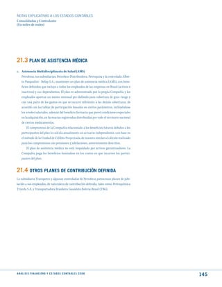 NOTAS ExPLICATIVAS A LOS ESTADOS CONTABLES
Consolidadas y Controlante
(En miles de reales)




21.3 PLAN dE ASIStENCIA médICA
a. Asistencia Multidisciplinaria de Salud (AMS)
   Petrobras, sus subsidiarias, Petrobras Distribuidora, Petroquisa y la controlada Alber-
   to Pasqualini - Refap S.A., mantienen un plan de asistencia médica (AMS), con bene-
   ficios definidos que incluye a todos los empleados de las empresas en Brasil (activos e
   inactivos) y sus dependientes. El plan es administrado por la propia Compañía y los
   empleados aportan un monto mensual pre-definido para cobertura de gran riesgo y
   con una parte de los gastos en que se incurre referentes a las demás coberturas, de
   acuerdo con las tablas de participación basadas en ciertos parámetros, incluyéndose
   los niveles salariales, además del beneficio farmacia que prevé condiciones especiales
   en la adquisición, en farmacias registradas distribuidas por todo el territorio nacional
   de ciertos medicamentos.
        El compromiso de la Compañía relacionado a los beneficios futuros debidos a los
   participantes del plan lo calcula anualmente un actuario independiente, con base en
   el método de la Unidad de Crédito Proyectada, de manera similar al cálculo realizado
   para los compromisos con pensiones y jubilaciones, anteriormente descritos.
        El plan de asistencia médica no está respaldado por activos garantizadores. La
   Compañía paga los beneficios basándose en los costos en que incurren los partici-
   pantes del plan.


21.4 OtROS PLANES dE CONtRIBuCIóN dEFINIdA
La subsidiaria Transpetro y algunas controladas de Petrobras patrocinan planes de jubi-
lación a sus empleados, de naturaleza de contribución definida, tales como: Petroquímica
Triunfo S.A. y Transportadora Brasileira Gasoduto Bolivia-Brasil (TBG).




A N Á L I S I S F I N A N C I E R O y E S tA d O S C O N tA B L E S 2 0 0 8
                                                                                              145
 