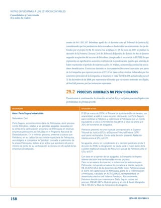 NOTAS ExPLICATIVAS A LOS ESTADOS CONTABLES
Consolidadas y Controlante
(En miles de reales)




                                                         monto de R$ 1.102.207. Petrobras apeló de tal decisión ante el Tribunal de Justicia/RJ,
                                                         considerando que los parámetros determinados en la decisión son contrarios a los ya de-
                                                         finidos por el propio TJ/RJ. El recurso fue aceptado. El 29 de junio de 2007 se publicó la
                                                         decisión de la Primera Cámara Civil del Tribunal de Justicia del Estado de Rio de Janeiro
                                                         negando aceptación del recurso de Petrobras y aceptando el recurso de la FEPERJ, lo que
                                                         representa un significativo aumento en el valor de la condenación, puesto que, además de
                                                         haber mantenido el período de indemnización en 10 años, aumentó la cantidad de pesca-
                                                         dores beneficiarios. Contra esa decisión se interpusieron Recursos Especiales por parte
                                                         de la Compañía que esperan juicio en el STJ. Con base en los cálculos elaborados por los
                                                         asistentes periciales de la Compañía, se mantuvo el valor de R$ 36.058, actualizado para el
                                                         31 de diciembre de de 2008, por representar el monto que en nuestro entender será fijado,
                                                         al final del proceso, por las instancias superiores.


                                                         25.2          PROCESOS judICIALES NO PROVISIONAdOS
                                                         Presentamos a continuación la situación actual de los principales procesos legales con
                                                         probabilidad de pérdida posible:

 dESCRIPCIóN                                                             SItuACIóN ACtuAL

 Autor: Porto Seguro Imóveis Ltda.                                       El 30 de marzo de 2004, el Tribunal de Justicia de Rio de Janeiro, por
                                                                         unanimidad, aceptó el nuevo recurso interpuesto por Porto Seguro,
 Naturaleza: Civil                                                       para condenar a Petrobras a indemnizar a Petroquisa por un monto
                                                                         equivalente a US$ 2.370 millones más el 5% a título de prima y el
 Porto Seguro, accionista minoritaria de Petroquisa, abrió proceso
                                                                         20% de honorarios de abogados.
 contra Petrobras, relativo a las pérdidas alegadas causadas por
 la venta de la participación accionaria de Petroquisa en diversas       Petrobras presentó recurso especial y extraordinario al Superior
 empresas petroquímicas incluidas en el Programa Nacional de             Tribunal de Justicia (STJ) y al Supremo Tribunal Federal (STF)
 Desestatización. En el referido proceso, pretende la autora que         que fueron rechazados. Contra esta decisión presentó Apelación
 Petrobras, en su calidad de accionista mayoritaria de Petroquisa,       Interlocuroria al STJ y al STF.
 sea obligada a compensar la “pérdida” causada al patrimonio de
 la propia Petroquisa, debido a los actos que aprobaron el precio        Se aguarda, ahora, en cumplimiento a la decisión publicada el día 5
 mínimo de venta de su participación accionaria en el capital de las     de junio de 2006, la designación de pauta para el nuevo juicio de la
 empresas privatizadas.                                                  cuestión relativa al bloqueo del Recurso Especial de Petrobras ante el
                                                                         STJ y el STF.

                                                                         Con base en la opinión de los abogados, la Compañía no espera
                                                                         obtener decisión final desfavorable en este proceso.
                                                                         Caso no se revierta la situación, la indemnización estimada para
                                                                         Petroquisa, incluyendo actualización monetaria e interés, sería de
                                                                         R$ 13.679.734 al 31 de diciembre de 2008. Como Petrobras posee
                                                                         el 100% del capital social de Petroquisa, parte de la indemnización
                                                                         a Petroquisa, calculada en R$ 9.028.625, no representará un
                                                                         desembolso efectivo del Sistema Petrobras. Adicionalmente,
                                                                         Petrobras tendría que indemnizar a Porto Seguro, autora del
                                                                         proceso, R$ 683.987 a título de prima y a Lobo & Ibeas Advogados
                                                                         R$ 2.735.947 a título de honorarios de abogados.




158                                                                                                                           E S tA d O S C O N tA B L E S
 