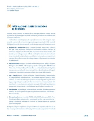 NOTAS ExPLICATIVAS A LOS ESTADOS CONTABLES
Consolidadas y Controlante
(En miles de reales)




28 INFORmACIONES SOBRE SEGmENtOS
            dE NEGOCIOS
Petrobras es una Compañía que opera en forma integrada, siendo que la mayor parte de
la producción de petróleo y gas, del área de Explotación y Producción, es transferida para
otras áreas de Petrobras.
     En los estados contables por área de negocio, las operaciones de la Compañía se pre-
sentan de acuerdo con la estructura de organización y gestión aprobada el 23 de octubre de
2000, por el Consejo de Administración de Petrobras, y que comprende las siguientes áreas:

a. Exploración y producción: abarca, a través de Petrobras, Brasoil, PNBV, PifCo, PIB
   B.V., BOC, Fondo de Inversión Inmobiliaria y Sociedades de Propósito Específico, las
   actividades de exploración, desarrollo de la producción y producción de petróleo, LGN
   (neto de gas natural) y gas natural en Brasil, con el objetivo de atender, prioritariamen-
   te, las refinerías del país y, también, comercializar en los mercados interno y externo el
   excedente de petróleo, así como, derivados producidos en las plantas de procesamien-
   to de gas natural.

b. Abastecimiento: contempla, a través de Petrobras, Downstream (Refap), Transpetro,
   Petroquisa, PifCo, PIB B.V., Refinaria Ipiranga, Quattor Participações, PNBV, Refinaria
   Abreu Lima y Sociedad de Propósito Específico, las actividades de refinación, logística,
   transporte y comercialización de derivados, petróleo y alcoholes, además de las parti-
   cipaciones en empresas petroquímicas en Brasil y dos plantas de fertilizantes.

c. Gas y Energía: engloba, a través de Petrobras, Gaspetro, Petrobras Comercializadora
   de Energia, Petrobras Distribuidora, PifCo, Sociedades de Propósito Específico y Termo-
   eléctricas, las actividades de transporte y comercialización del gas natural producido en
   el país o importado, así como las actividades de transporte y comercialización de GNL
   importado, la producción y comercialización de energía eléctrica y las participaciones
   societarias en transportadoras y distribuidoras de gas natural y en termoeléctricas.

d. Distribución: responsable por la distribución de derivados, alcoholes y gas natural
   vehicular en Brasil, representada por las operaciones de Petrobras Distribuidora y
   Alvo Distribuidora.

e. Internacional: abarca, a través de PIB B.V., PifCo, 5283 Participações, BOC y Petro-
   bras, las actividades de exploración y producción de petróleo y gas, suministro, gas y
   energía y distribución, realizadas en el exterior, en diversos países de las Américas,
   África, Europa y Asia.

En el grupo de órganos corporativos se asignan los ítems que no pueden atribuirse a las de-
más áreas, especialmente los vinculados a la gestión financiera corporativa, el “overhead”



A N Á L I S I S F I N A N C I E R O y E S tA d O S C O N tA B L E S 2 0 0 8
                                                                                                165
 
