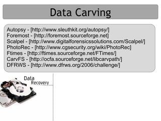 Data Carving
Autopsy - [http://www.sleuthkit.org/autopsy/]
Foremost - [http://foremost.sourceforge.net]
Scalpel - [http://www.digitalforensicssolutions.com/Scalpel/]
PhotoRec - [http://www.cgsecurity.org/wiki/PhotoRec]
Ftimes - [http://ftimes.sourceforge.net/FTimes/]
CarvFS - [http://ocfa.sourceforge.net/libcarvpath/]
DFRWS - [http://www.dfrws.org/2006/challenge/]
 