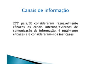Canais de informação

277 pais/EE consideraram razoavelmente
eficazes os canais internos/externos de
comunicação de informação, 4 totalmente
eficazes e 8 consideraram-nos ineficazes.
                              ineficazes
 