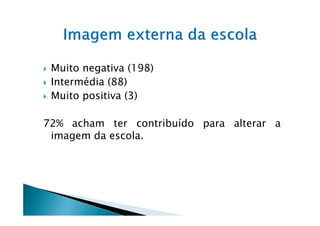 Muito negativa (198)
 Intermédia (88)
 Muito positiva (3)

72% acham ter contribuído para alterar a
 imagem da escola.
 