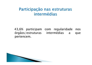 43,6% participam com regularidade nos
órgãos/estruturas intermédias  a  que
pertencem.
 