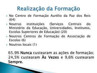    No Centro de Formação Aurélio da Paz dos Reis
    (64)
   Noutras     instituições (Serviços   Centrais  do
    Ministério da Educação, Universidades, Institutos,
    Escolas Superiores de Educação) (20)
   Noutros Centros de Formação de Associação de
    Escolas (6)
   Noutros locais (1)

    65.9% Nunca custearam as ações de formação;
    24,5% custearam Às Vezes e 9,6% custearam
    Sempre.
 