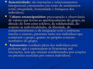  Autenticidade:Autenticidade: são interações e relacionamentossão interações e relacionamentos
interpessoais estruturados em torno de sentimentosinterpessoais estruturados em torno de sentimentos
como integridade, honestidade e franqueza doscomo integridade, honestidade e franqueza dos
indivíduos;indivíduos;
 VValores emancipatórios:alores emancipatórios: preocupação e observânciapreocupação e observância
de valores que levem ao aperfeiçoamento do grupo, nade valores que levem ao aperfeiçoamento do grupo, na
direção do bem-estar coletivo, da solidariedade, dodireção do bem-estar coletivo, da solidariedade, do
respeito às individualidades, da liberdade, dorespeito às individualidades, da liberdade, do
comprometimento e da integração com o ambientecomprometimento e da integração com o ambiente
interno e externo, presentes tanto nos indivíduos queinterno e externo, presentes tanto nos indivíduos que
compõem o grupo, quanto no próprio contextocompõem o grupo, quanto no próprio contexto
normativo do grupo;normativo do grupo;
 Autonomia:Autonomia: condição plena dos indivíduos paracondição plena dos indivíduos para
poderem agir e expressarem-se livremente naspoderem agir e expressarem-se livremente nas
interações, sem que estejam condicionados por coaçõesinterações, sem que estejam condicionados por coações
ou pressões exercidas por outros indivíduos;ou pressões exercidas por outros indivíduos;
 