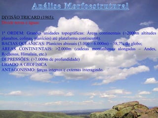 DIVISÃO TRICARD (1965):
Divide terras e águas:

1ª ORDEM: Grandes unidades topográficas: Áreas continentais (>2000m altitudes
planaltos, colinas, planícies) até plataforma continental).
BACIAS OCEÂNICAS: Planícies abissais (3.000 – 6.000m) – 58,7% do globo;
ÁREAS CONTINENTAIS: >2.000m (cadeias montanhosas alongadas – Andes,
Rochosas, Himalaia, etc.)
DEPRESSÕES: (>7.000m de profundidade)
LIGADO A GEOFÍSICA
ANTAGONISMO: forças internas e externas interagindo.
 