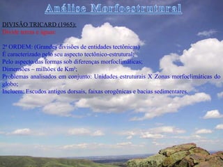 DIVISÃO TRICARD (1965):
Divide terras e águas:

2ª ORDEM: (Grandes divisões de entidades tectônicas)
É caracterizado pelo seu aspecto tectônico-estrutural;
Pelo aspecto das formas sob diferenças morfoclimáticas;
Dimensões – milhões de Km²;
Problemas analisados em conjunto: Unidades estruturais X Zonas morfoclimáticas do
globo;
Incluem: Escudos antigos dorsais, faixas orogênicas e bacias sedimentares.
 