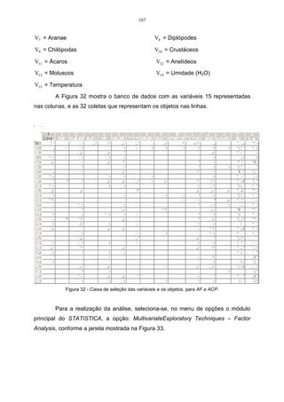 66 
r 
, assim 
Conforme Regazzi (2001), tomando os elementos do vetor i x 
determinados como os coeficientes de i Y , tem-se que o i-ésimo componente 
principal é dado por: 
..... . i i1 1 i2 2 ip p Y = x X +L+ x X + + x X 
Tem-se, ainda: 
i) i i Vâr(Y ) = ˆ logo ( ) ( ) ...... ( ); 1 2 p Vâr Y  Vâr Y  Vâr Y 
ii)  