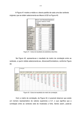 67 
Portanto, para se fazer uma interpretação correta de quais componentes 
utilizar no estudo, basta selecionar as primeiras componentes que acumulam uma 
percentagem de variância explicada, igual ou superior a 70%. Ou seja, fica-se com 
Y ,...,Yk 1 tal que: 
+ + 
Vâr Y Vâr Y 
1  
.100 70% 
( ) ... ( ) 
( ) 
 
