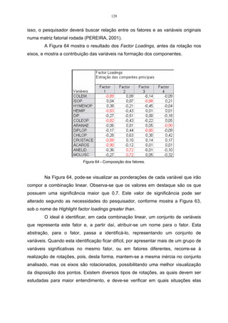 74 
( )(var ) ( )(var ) Y1 = autovetor x11 iável X + autovetor x12 iável Y 
1.10,0 0,8.10,7 18,56 11 Y = + = 
1.10,4 0,8.9,8 18,24 12 Y = + = 
1.9,7 0,8.10,0 17,7 13 Y = + = 
1.9,7 0,8.10,1 17,78 14 Y = + = 
1.11,7 0,8.11,5 20,9 15 Y = + = 
( )(var ) ( )(var ) Y2 = autovetor x21 iável X + autovetor x22 iável Y 
1.10,0 1,25.10,7 3,38 21 Y = − = − 
1.10,4 1,25.9,8 1,85 22 Y = − = − 
1.9,7 1,25.10,0 2,8 23 Y = − = − 
1.9,7 1,25.10,1 2,93 24 Y = − = − 
1.11,7 1,25.11,5 2,68 25 Y = − = − 
Dessa forma, encontrara-se as duas componentes referentes à Tabela 09. 
Como pode-se verificar, acima, em um número reduzido de combinações lineares é 
possível sintetizar a maior parte da informação contida nos dados originais. 
Caso seja necessário padronizar as variáveis, utiliza-se a expressão do item 
2.1. Sendo que a Tabela 13 mostra um exemplo das variáveis padronizadas. 
Tabela 13 – Matriz de variáveis padronizados de n indivíduos e p variáveis. 
Variáveis 
Indivíduos 
Z1 Z2 Z3 Z4 ... Zj ... Zp 
1 Z11 Z12 Z13 Z14 ... Z1j ... Z1p 
2 Z21 Z22 Z23 Z24 ... Z2j ... Z2p 
3 Z31 Z32 Z33 Z34 ... Z3j ... Z3p 
. . . . . . . . . 
. . . . . . . . . 
. . . . . . . . . 
i Zi1 Zi2 Zi3 Zi4 ... Zij . Zip 
. . . . . . . . . 
. . . . . . . . . 
n Zn1 Zn2 Zn3 Zn4 ... Znj ... Znp 
Fonte: Regazzi 2001 
 