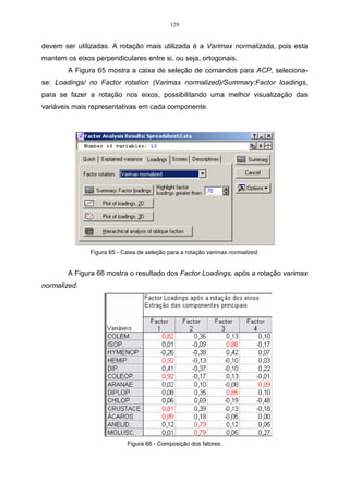 75 
Pode-se afirmar que a matriz R das variáveis j X é igual à matriz S das 
variáveis padronizadas j Z . 
Desta forma, utilizando os dados padronizados garante-se que todas as 
variáveis tenham o mesmo grau de importância, portanto, trabalha-se com o 
conjunto de dados padronizados. Neste caso, faz-se necessário estimar a matriz R 
para se calcular os autovalores e autovetores que darão origem às componentes 
principais, cujo procedimento para a estimação dos autovalores e autovetores será o 
mesmo mostrado anteriormente, apenas substituindo S por R. Os autovetores 
passarão a ser denominados de êp, pois esta nova representação indica que o 
conjunto amostral dos dados foi padronizado. Logo, os pares de autovalores e 
autovetores estimados da amostra analisada serão representados por ( ˆ , ˆ ) 1 e1 , 
( ˆ , ˆ ) 2 e2 , ... , , ˆ ) ( ˆ p p  e ; onde 1 
ˆ 
ˆ 
 2 
 ...  p ˆ 
 0; e fornecerão as novas combinações 
lineares (JOHNSON  WICHERN, 1992) expressas por 
Y = x X, Y = x X ,..., Y = x, X 
p p 
, 
2 2 
,1 
1 os CP então: 
p 
 