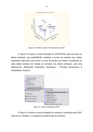 80 
Substituindo-se essa equação pelas matrizes S e I, obtém-se a seguinte 
expressão: 
0. 
ˆ 1 0 
0 1 
24,5 26 
26 74,2 
 
=  
 
 −  
	
 
 
 
	
 
Multiplicando-se o autovalor ˆ 
à matriz I, obtém-se as seguintes matrizes: 
0. 
ˆ 0 
0 ˆ 
24,5 26 
26 74,2 
 
=  
 
	
 
 
 
 
−  
 
	
 
Realizando-se a subtração entre as matrizes, obtém-se a matriz: 
0. 
24,5 - ˆ 26 
26 74,2 - ˆ 
= 
 
 
Resolvendo o determinante dessa matriz, encontra-se o seguinte resultado: 
( 24 ,5 − ˆ )( 74 ,2 − ˆ ) − ( 26 ) 2 = 0 . 
Unindo-se os termos semelhantes, encontra-se uma equação do segundo 
grau: 
1817,9− 24,5ˆ − 74,2ˆ + ˆ 2 − 676 = 0. 
Resolvendo essa equação, encontra-se os autovalores correspondentes à 
matriz S. 
ˆ 2 − 98,7ˆ + 1141,9 = 0 . 
Os autovalores (raízes características) são obtidos da seguinte equação: 
2 
−b ± −b − a c 
ˆ ( ) 4( )( ) 
2( ) 
a 
 = 
± − 2 − 
ˆ 98,7 ( 98,7) 4(1)(1141,9) 
 = , logo, os dois autovalores resultantes da 
(2)(1) 
ˆ 
equação são: 1 
ˆ 
= 85,32 e 2 
= 13,38. 
Como pode-se observar, a soma dos autovalores corresponde ao traço e ao 
determinante da matriz S. 
 + + +  = p 
ˆ ˆ .... ˆ 
1 2 traço da matriz S. Ou seja, 
13,38 + 85,32 = 98,7 = traço da matriz S. 
(ˆ ).(ˆ ) ....(ˆ ) = 1 2 p determinante da matriz S. 
(13,38).(85,32) = 1141.6. 
 
