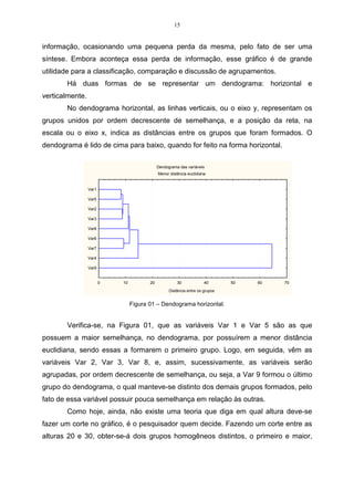 15 
informação, ocasionando uma pequena perda da mesma, pelo fato de ser uma 
síntese. Embora aconteça essa perda de informação, esse gráfico é de grande 
utilidade para a classificação, comparação e discussão de agrupamentos. 
Há duas formas de se representar um dendograma: horizontal e 
verticalmente. 
No dendograma horizontal, as linhas verticais, ou o eixo y, representam os 
grupos unidos por ordem decrescente de semelhança, e a posição da reta, na 
escala ou o eixo x, indica as distâncias entre os grupos que foram formados. O 
dendograma é lido de cima para baixo, quando for feito na forma horizontal. 
Dendograma das variáveis 
Menor distância euclidiana 
0 10 20 30 40 50 60 70 
Distância entre os grupos 
Var1 
Var5 
Var2 
Var3 
Var8 
Var6 
Var7 
Var4 
Var9 
Figura 01 – Dendograma horizontal. 
Verifica-se, na Figura 01, que as variáveis Var 1 e Var 5 são as que 
possuem a maior semelhança, no dendograma, por possuírem a menor distância 
euclidiana, sendo essas a formarem o primeiro grupo. Logo, em seguida, vêm as 
variáveis Var 2, Var 3, Var 8, e, assim, sucessivamente, as variáveis serão 
agrupadas, por ordem decrescente de semelhança, ou seja, a Var 9 formou o último 
grupo do dendograma, o qual manteve-se distinto dos demais grupos formados, pelo 
fato de essa variável possuir pouca semelhança em relação às outras. 
Como hoje, ainda, não existe uma teoria que diga em qual altura deve-se 
fazer um corte no gráfico, é o pesquisador quem decide. Fazendo um corte entre as 
alturas 20 e 30, obter-se-á dois grupos homogêneos distintos, o primeiro e maior, 
 