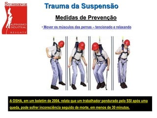 Medidas de Prevenção
• Mover os músculos das pernas – tencionado e relaxando
Trauma da Suspensão
A OSHA, em um boletim de 2004, relata que um trabalhador pendurado pelo SSI após uma
queda, pode sofrer inconsciência seguido de morte, em menos de 30 minutos.
 