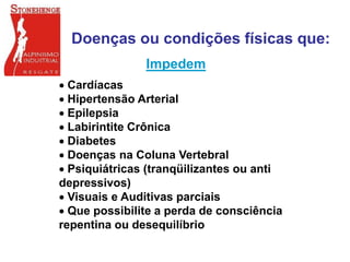 Doenças ou condições físicas que:
 Cardíacas
 Hipertensão Arterial
 Epilepsia
 Labirintite Crônica
 Diabetes
 Doenças na Coluna Vertebral
 Psiquiátricas (tranqüilizantes ou anti
depressivos)
 Visuais e Auditivas parciais
 Que possibilite a perda de consciência
repentina ou desequilíbrio
Impedem
 