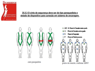 35.5.3 O cinto de segurança deve ser do tipo paraquedista e
dotado de dispositivo para conexão em sistema de ancoragem.
 