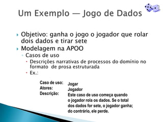 Um Exemplo — Jogo de DadosObjetivo: ganha o jogo o jogador que rolar dois dados e tirar seteModelagem na APOOCasos de usoDescrições narrativas de processos do domínio no formato  de prosa estruturadaEx.: Caso de uso:Atores:Descrição:JogarJogadorEste caso de uso começa quandoo jogador rola os dados. Se o totaldos dados for sete, o jogador ganha;do contrário, ele perde.