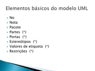 NoNotaPacotePartes  (*)Portas  (*)Estereótipos  (*)Valores de etiqueta  (*)Restrições  (*)Elementos básicos do modelo UML