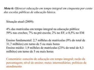 Meta 6: Oferecer educação em tempo integral em cinquenta por cento
das escolas públicas de educação básica.


 Situação atual (2009):

 4% das matrículas em tempo integral na educação pública:
 59% nas creches; 7% na pré-escola; 2% no EF; e 0,5% no EM

 Ensino fundamental: 2,7 milhões de matrículas (9% do total de
 31,7 milhões) em turno de 5 ou mais horas
 Ensino médio: 1,9 milhões de matrículas (23% do total de 8,3
 milhões) em turno de 5 ou mais horas

 Comentário: conceito de educação em tempo integral; razão da
 percentagem; nível de ensino; metas intermediárias; políticas de
 atendimento
 