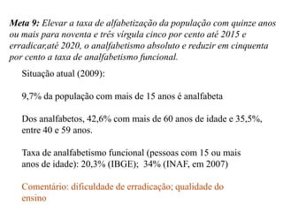 Meta 9: Elevar a taxa de alfabetização da população com quinze anos
ou mais para noventa e três vírgula cinco por cento até 2015 e
erradicar,até 2020, o analfabetismo absoluto e reduzir em cinquenta
por cento a taxa de analfabetismo funcional.
   Situação atual (2009):

   9,7% da população com mais de 15 anos é analfabeta

   Dos analfabetos, 42,6% com mais de 60 anos de idade e 35,5%,
   entre 40 e 59 anos.

   Taxa de analfabetismo funcional (pessoas com 15 ou mais
   anos de idade): 20,3% (IBGE); 34% (INAF, em 2007)

   Comentário: dificuldade de erradicação; qualidade do
   ensino
 