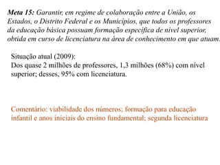 Meta 15: Garantir, em regime de colaboração entre a União, os
Estados, o Distrito Federal e os Municípios, que todos os professores
da educação básica possuam formação específica de nível superior,
obtida em curso de licenciatura na área de conhecimento em que atuam.

 Situação atual (2009):
 Dos quase 2 milhões de professores, 1,3 milhões (68%) com nível
 superior; desses, 95% com licenciatura.



 Comentário: viabilidade dos números; formação para educação
 infantil e anos iniciais do ensino fundamental; segunda licenciatura
 