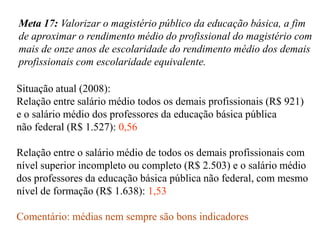 Meta 17: Valorizar o magistério público da educação básica, a fim
de aproximar o rendimento médio do profissional do magistério com
mais de onze anos de escolaridade do rendimento médio dos demais
profissionais com escolaridade equivalente.

Situação atual (2008):
Relação entre salário médio todos os demais profissionais (R$ 921)
e o salário médio dos professores da educação básica pública
não federal (R$ 1.527): 0,56

Relação entre o salário médio de todos os demais profissionais com
nível superior incompleto ou completo (R$ 2.503) e o salário médio
dos professores da educação básica pública não federal, com mesmo
nível de formação (R$ 1.638): 1,53

Comentário: médias nem sempre são bons indicadores
 